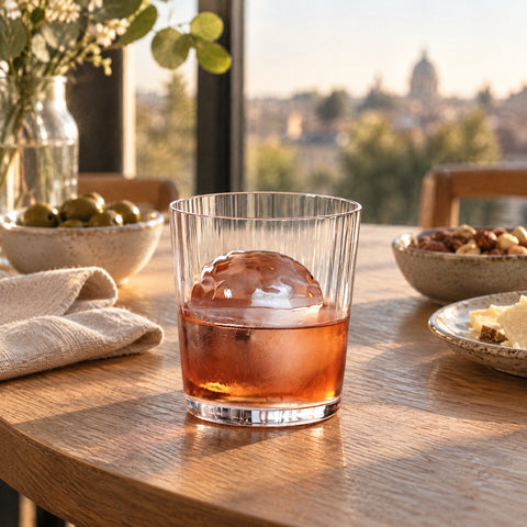 Cocktail ambré sur sphère de glace dans le gobelet en verre soufflé Dorique, serviettes en lin et coupelles en céramique