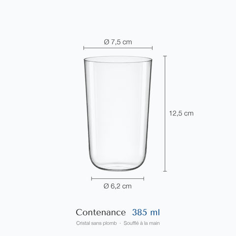 Grand verre à café Margelle avec cotes : 12,5 cm de haut, 7,5 cm de diamètre au bord, 6,2 cm à la base, contenance 38,5 cl