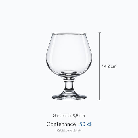 Dimensions : Grand Verre Ballon à Cognac (hauteur 14,2 cm, diamètre 6,8 cm, contenance 50 cl)