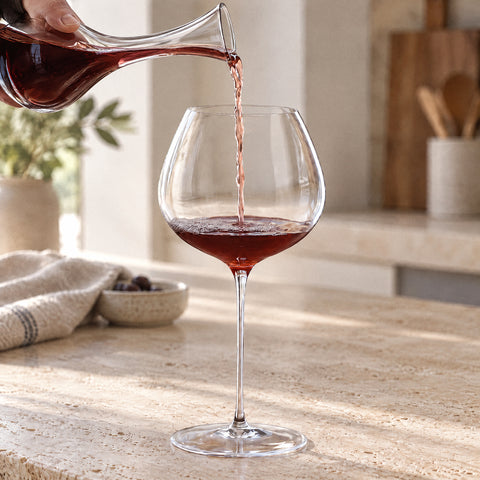 Main versant d'une carafe en cristal un filet torsadé de vin rouge dans le grand verre ballon Baryton, table en bois sombre