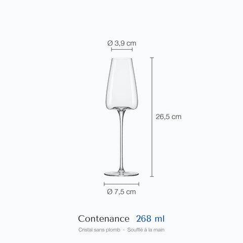 Cotes de la flûte à champagne Soprano : hauteur 26,5 cm, diamètre du haut 3,9 cm, de la base 7,5 cm, contenance 26,8 cl