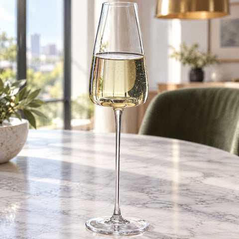 Flûte à champagne Soprano remplie de vin pétillant doré pâle aux fines bulles, suspension en laiton et fauteuil en velours