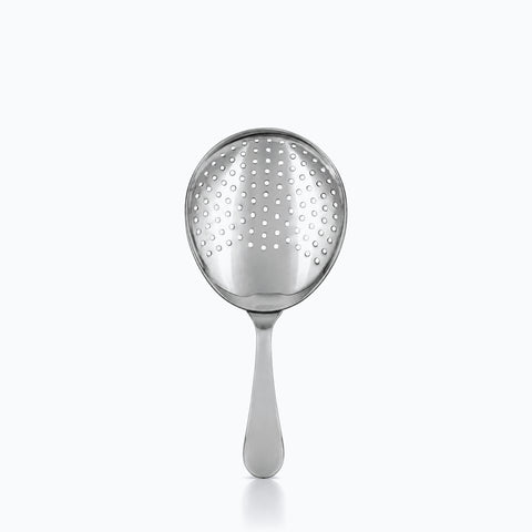 Julep strainer en acier inoxydable poli miroir, coupelle ovale percée, manche plat arrondi