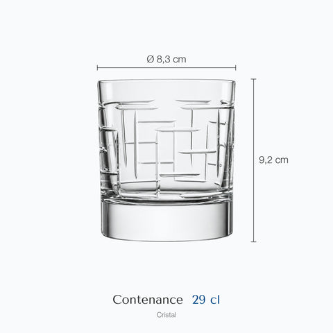 Dimensions : Verre à Whisky Dédale (hauteur 9,2 cm, diamètre 8,3 cm, contenance 29 cl)