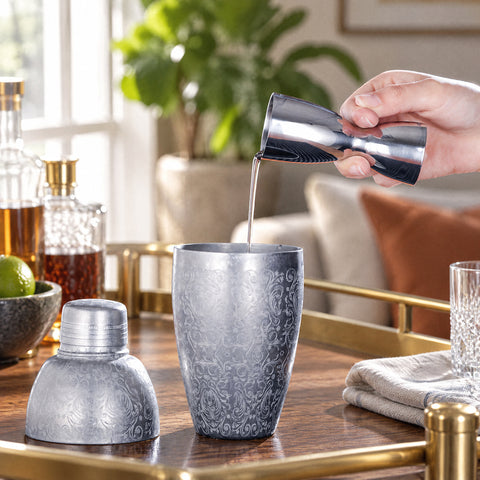Main versant un filet ambré de la mesure cocktail Étalon dans un shaker gravé de fleurs, tapis noir et desserte en laiton