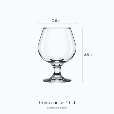 Dimensions : Mini Verre à Cognac (hauteur 8,5 cm, diamètre 5 cm, contenance 10 cl)