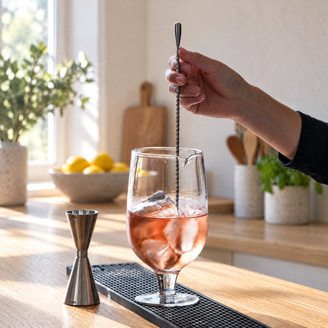 Main tenant une cuillère torsadée plongée dans le mixing glass à martini Lanterne au cocktail rose glacé, îlot en chêne clair