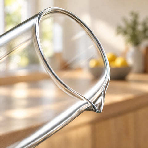 Gros plan sur le buvant et le bec verseur pincé du mixing glass à martini Lanterne, flou lumineux de cuisine en chêne clair