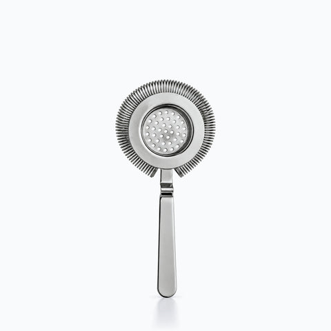 Passoire Hawthorne en acier inoxydable poli, tête ronde perforée cerclée d'un ressort, manche plat