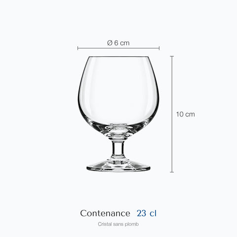 Dimensions : Petit Verre Ballon Cognac (hauteur 10 cm, diamètre 6 cm, contenance 23 cl)