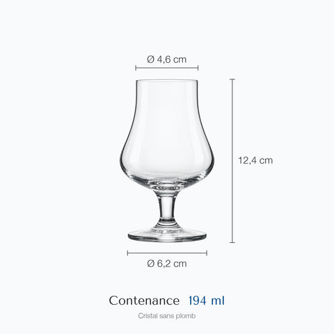 Dimensions : Petit Verre Tulipe pour Whisky · Ardea (hauteur 12,4 cm, diamètre 4,6 cm, contenance 194 ml)