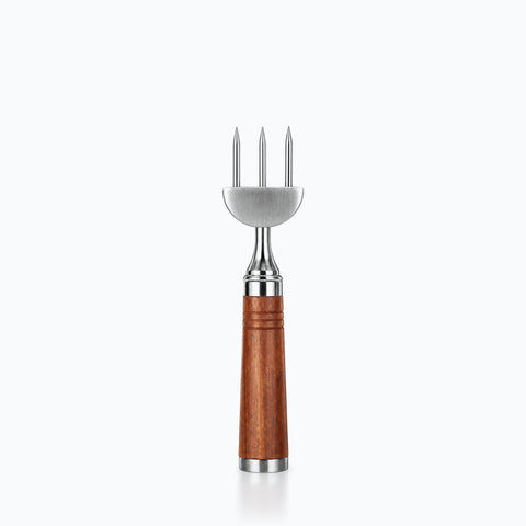 Pic à glace trois pointes en acier brillant, manche cylindrique en bois verni