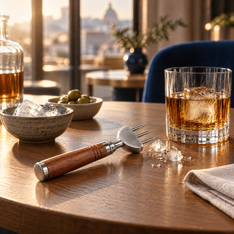 Pic à glace trois pointes Trident couché sur le comptoir, quelques éclats de glace et un verre de whisky à côté
