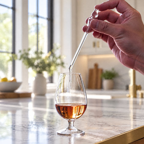 Main pinçant la pipette en verre Clochette, goutte d'eau prête à tomber dans un verre de whisky à pied, îlot en marbre blanc