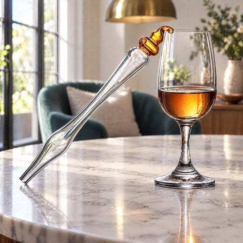 La pipette à whisky Miel posée en biais sur le bord d'un verre à pied de whisky ambré, table en marbre blanc