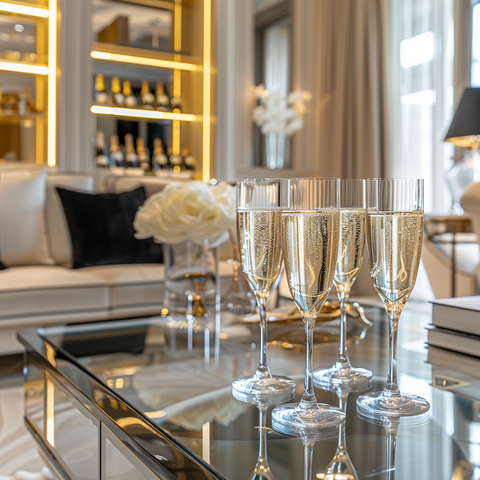 plusieurs verre à champagne sur une table d'apéritif ultra luxueuse clair dans un salon luxueux clair.png