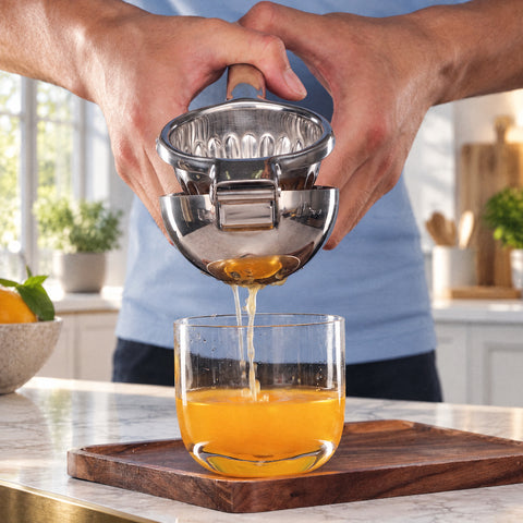 Mains serrant le presse-citron Pressoir, jus d'orange coulant dans un gobelet sur une planche en noyer, îlot de marbre flou