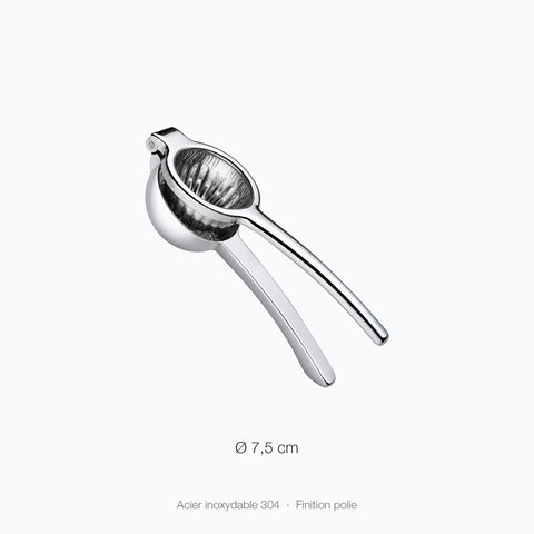 Presse-citron Pressoir, version à coupelle de 7,5 cm de diamètre, sur fond clair : deux longs manches légèrement incurvés et charnière en haut