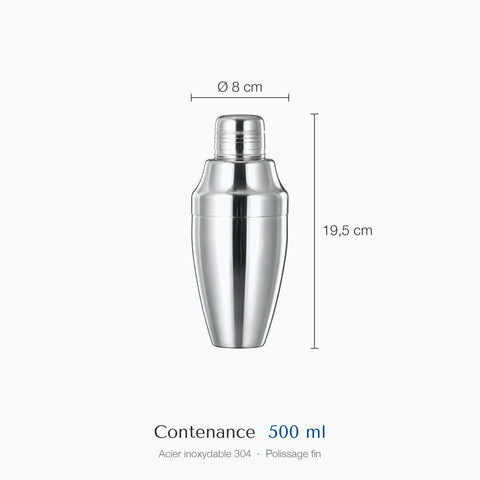 Shaker Amande en inox poli, 3 pièces, coté sur fond clair : hauteur 19,5 cm, contenance 500 ml