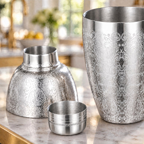 Corps gravé, coiffe et petit chapeau strié du shaker à cocktail Rinceau, séparés sur un plan en marbre devant une cuisine lumineuse floue