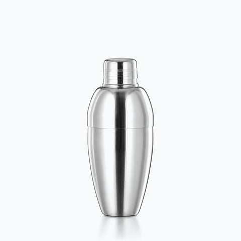 Shaker à cocktail cobbler en inox poli miroir, corps ovoïde et chapeau strié