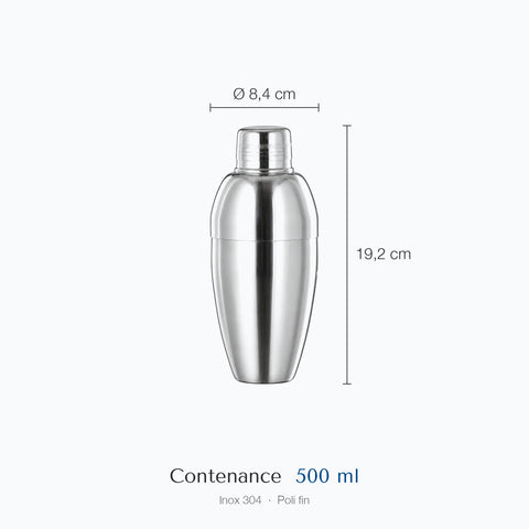 Cotes du shaker cobbler Galbe sur fond blanc : hauteur 19,2 cm, contenance 500 ml, corps ovoïde et chapeau strié
