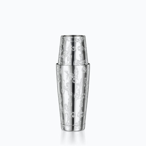 Shaker à cocktail design en inox poli miroir gravé de rinceaux floraux, timbale tronconique