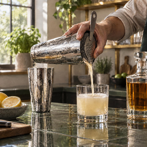 Main de barman versant un sour doré du shaker à cocktail Ramage dans un tumbler, passoire hawthorne, carafe en cristal