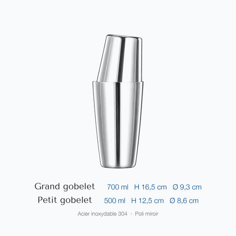 Cotes du shaker Gigogne, grand gobelet 700 ml, hauteur 16,5 cm, diamètre 9,3 cm, petit gobelet 500 ml, hauteur 12,5 cm, diamètre 8,6 cm
