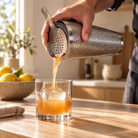 Main de barman versant un cocktail ambré orangé du shaker Boston Capiton, passoire hawthorne, tumbler à gros glaçon