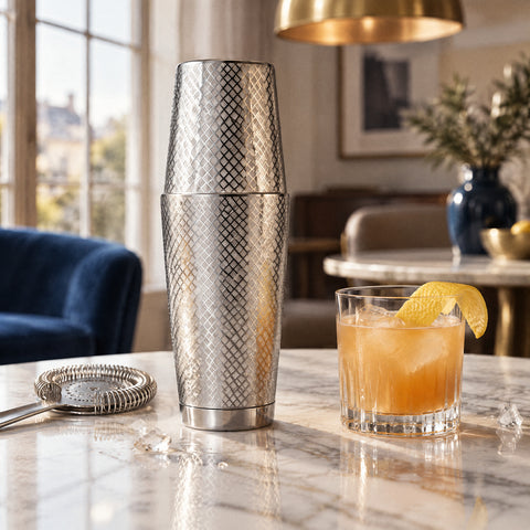 Shaker Boston Capiton fermé et embué, cocktail ambré orangé au zeste de citron, passoire hawthorne, éclats de glace