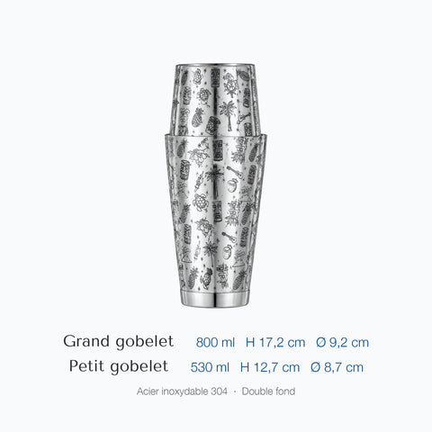 Shaker Palmeraie : deux gobelets emboîtés gravés de motifs tiki et tropicaux sur fond blanc, grand gobelet 800 ml, hauteur 17,2 cm, diamètre 9,2 cm