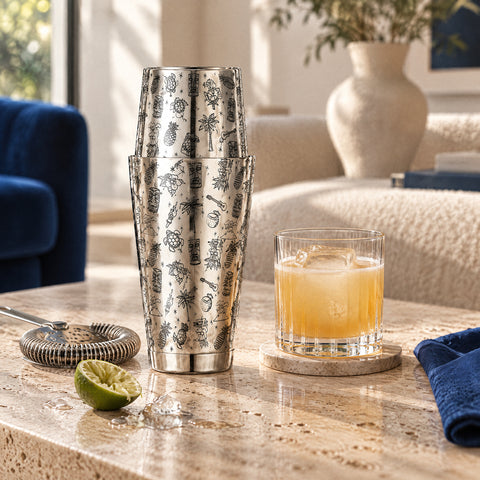Shaker Palmeraie fermé près d'un verre bas de cocktail orangé sur gros glaçon, passoire, demi-citron vert et éclats de glace