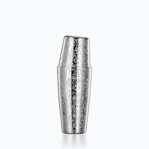 Timbale shaker Boston gravée baroque en inox poli, corps tronconique à décor de rinceaux