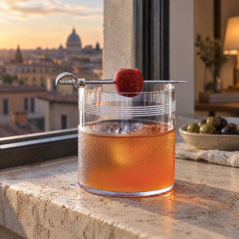 Tumbler à filets gravés Frise avec cocktail ambré rosé, glaçon et cerise sur pique, toits de la ville et assiette d'olives