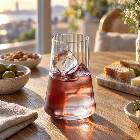 Tumbler highball Falaise rempli d'un cocktail ambré rosé sur deux gros glaçons, table en bois dressée pour l'apéritif