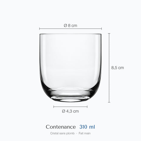 Tumbler old fashioned Quartz : hauteur 8,5 cm, diamètre 8 cm en haut et 4,3 cm à la base, contenance 31 cl
