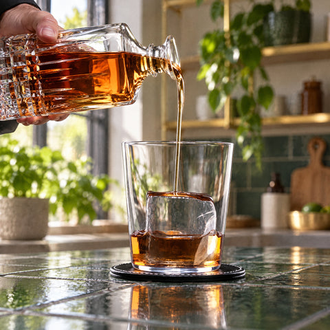 Carafe en cristal versant un filet ambré dans le verre à whisky Versant et son glaçon carré, comptoir carrelé vert foncé