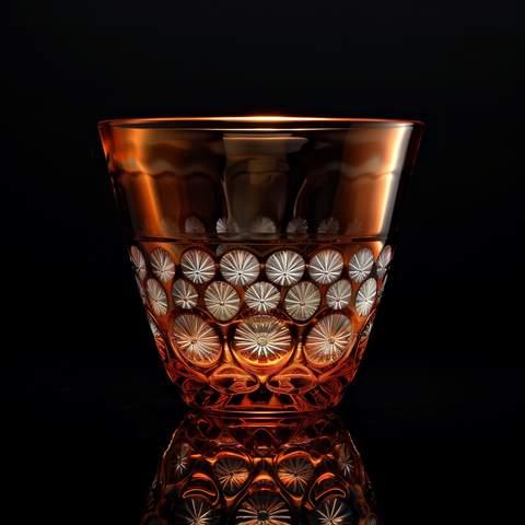 A blue and white crystal glass with cut patterns, inside the cup is engraved with an abstract heart pattern, placed on a clean table top, illuminated by natural light, showcasing its texture and details. The overall composition of the photo features a symmetrical layout, highlighting contrast between colors and shapes. in the style of natural light.