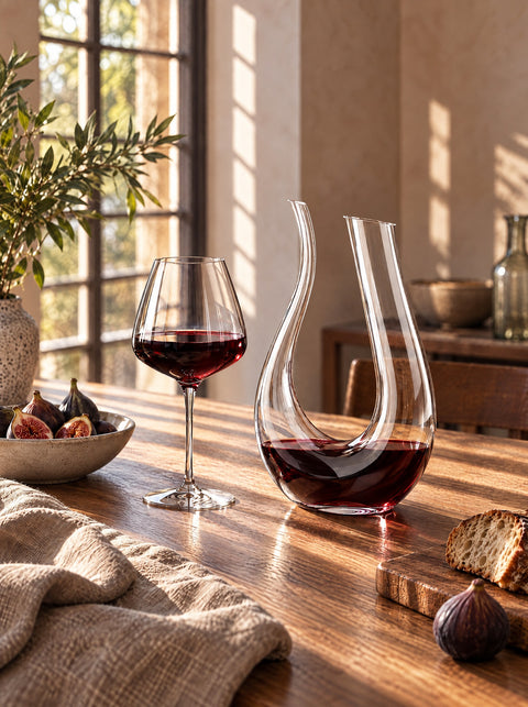 Carafe à décanter 2 becs Verasco et verre à vin sur la même table en chêne