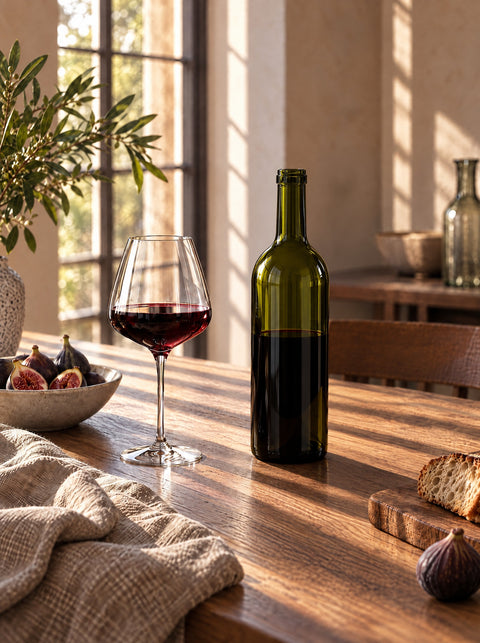 Bouteille de vin nue et verre à vin sur une table en chêne, figues et pain