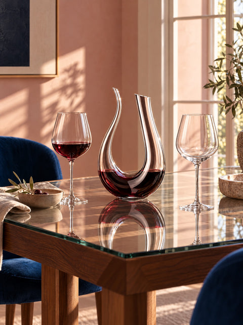 Verres à vin Verasco et carafe à décanter 2 becs sur une table en verre et bois, fauteuil bleu roi, mur blush
