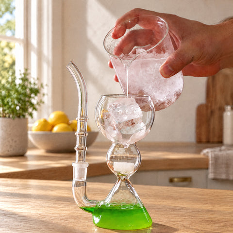 Main versant de l'eau glacée d'un pichet dans le verre à cocktail Armoise, glaçons et liquide vert jusque dans la paille