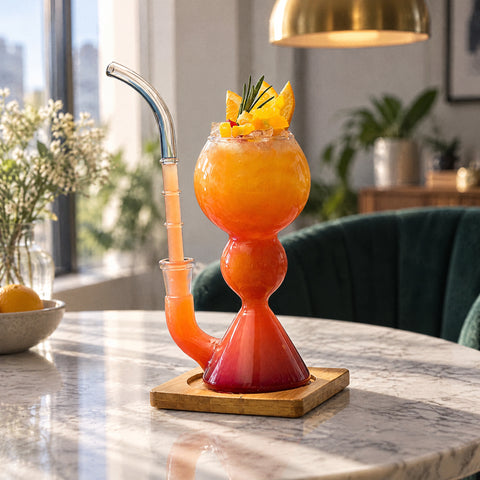 Verre à cocktail Armoise rempli d'un dégradé orange à rouge, glace pilée, mangue et romarin, dessous en bambou