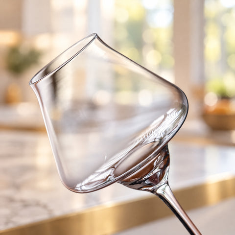 Verre à armagnac Ombelle incliné en gros plan, calice conique et tige, plan de travail en marbre et fenêtre flous derrière