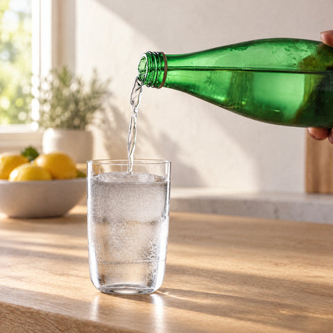 Main versant de l'eau pétillante d'une bouteille verte dans le verre à bière Cueillage avec glaçon, citrons en arrière-plan