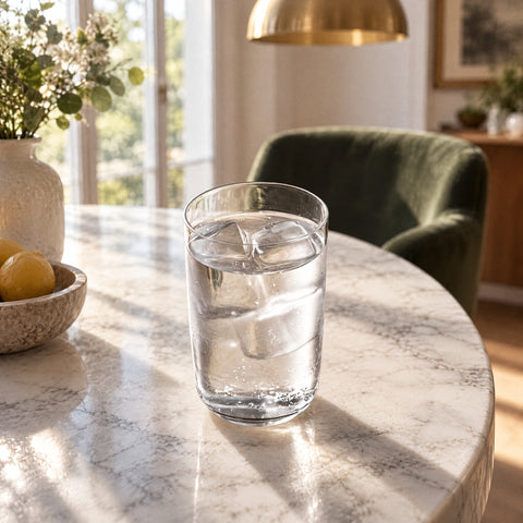 Verre à bière Cueillage rempli d'eau et de deux glaçons sur une table ronde, suspension en laiton et fauteuil en velours