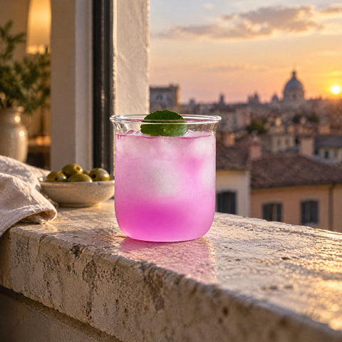 Verre à café Silice rempli d'une boisson glacée rose avec glaçons et feuille verte, rebord de fenêtre en pierre, olives