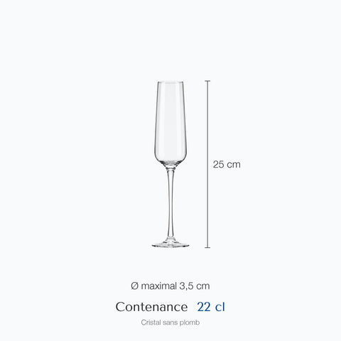 Dimensions : Verre à Champagne Cristal (hauteur 25 cm, diamètre 3,5 cm, contenance 22 cl)