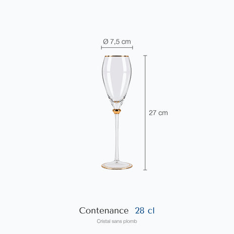 Dimensions : Verre Tulipe Champagne Décoré (hauteur 27 cm, diamètre 7,5 cm, contenance 28 cl)